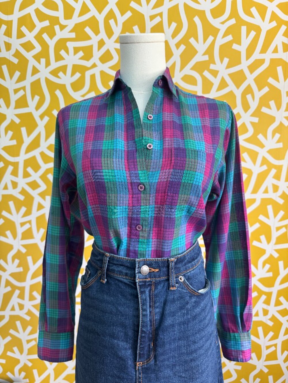 Vintage 80s FAST Purple Pink Magenta Blue Green Plaid Button Down Shirt - XS/S